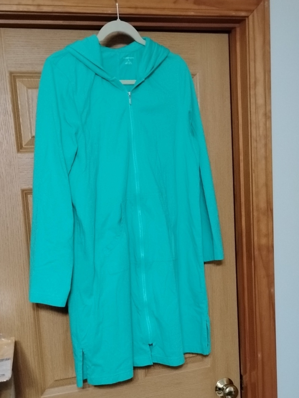 Lands End Women's Turquoise Green  Hooded Zip-Front Beach Cover Up Medium NWOT